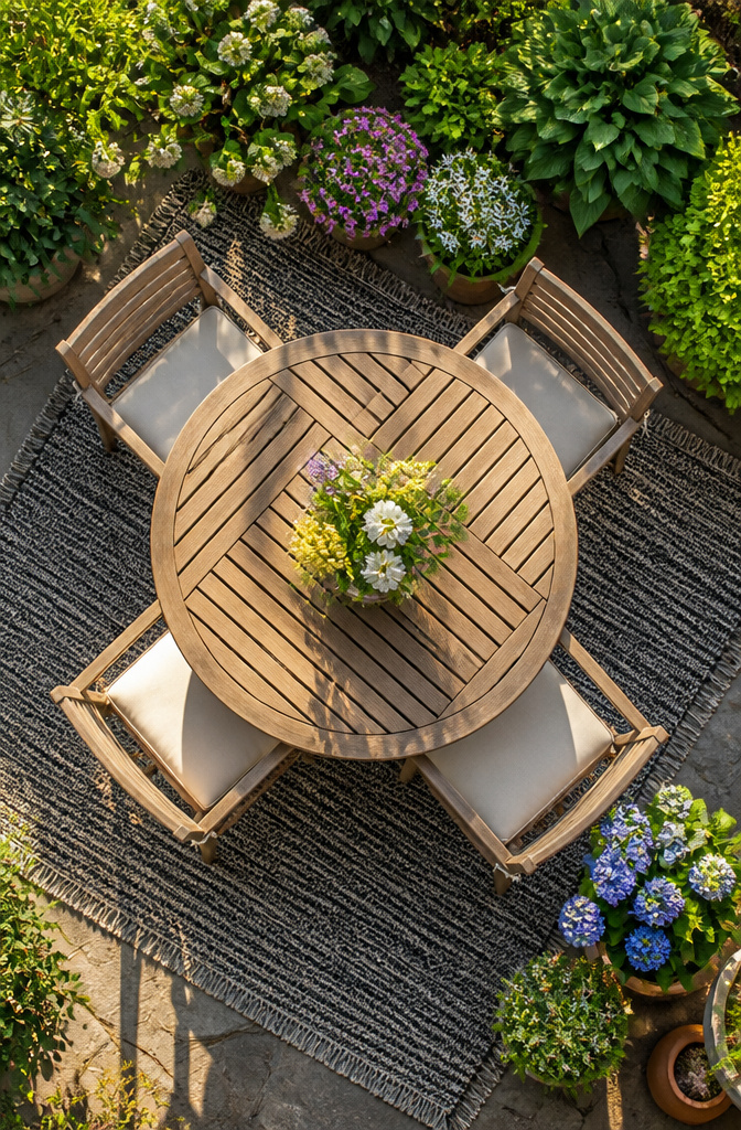 A bistro table set against a balcony rail for two.