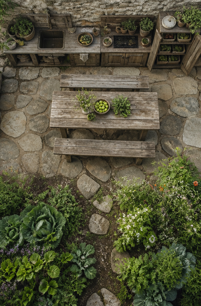 Homestead outdoor kitchen with built-in preserved food storage.