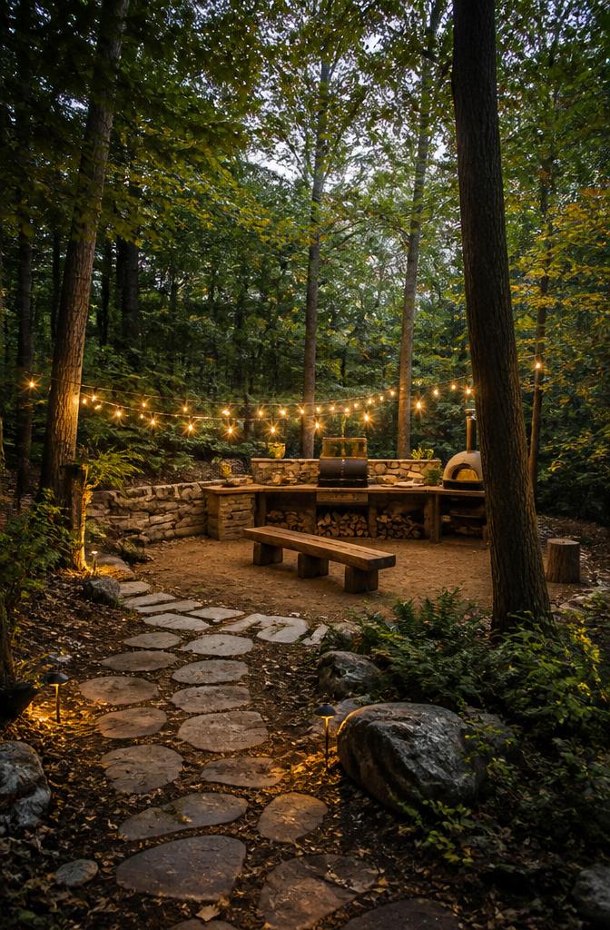 Wooded backyard kitchen with raw-edge counters and natural stone paths.