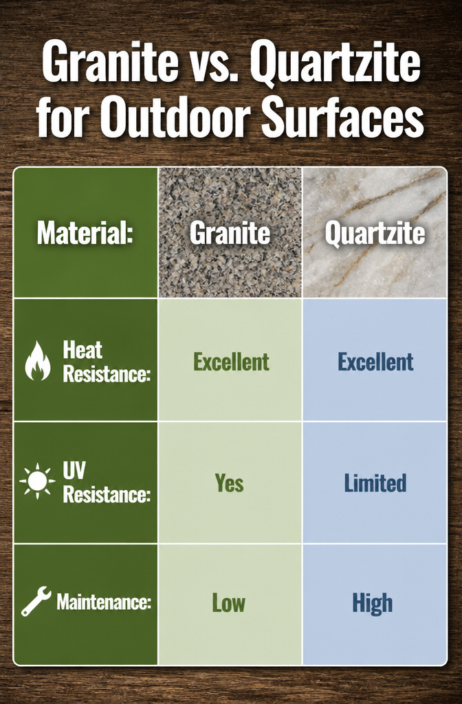 Comparison of granite and quartzite materials for outdoor surfaces.