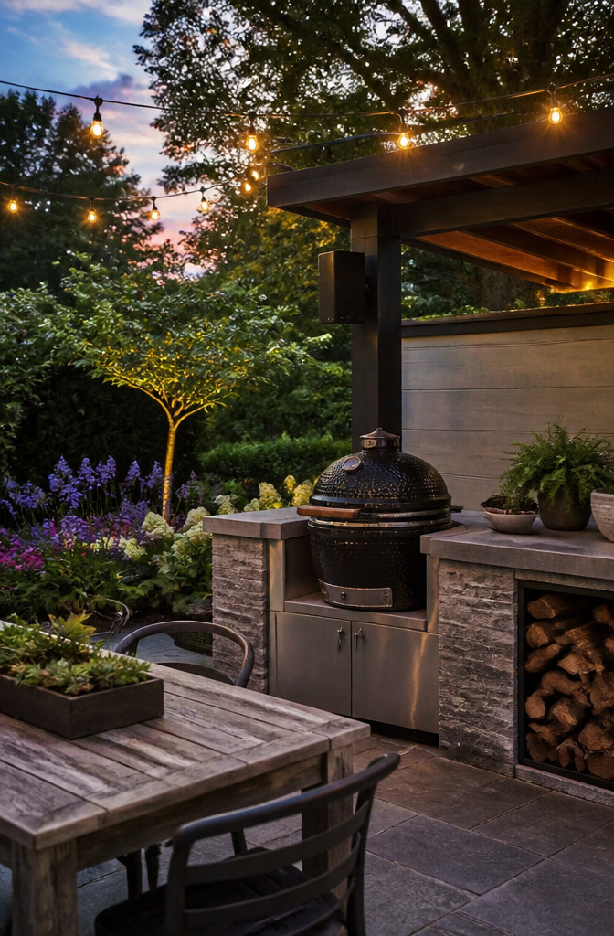 Outdoor kitchen designed for cooking and entertainment with greenery around.