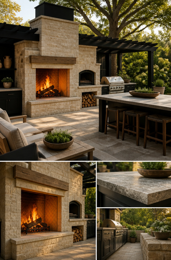 Outdoor kitchen with a fireplace and cooking area in close proximity.