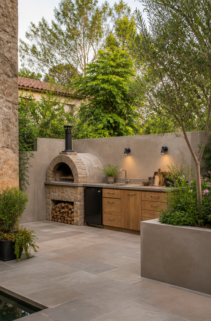 Linear outdoor kitchen layout under 8 feet with a grill and prep area.