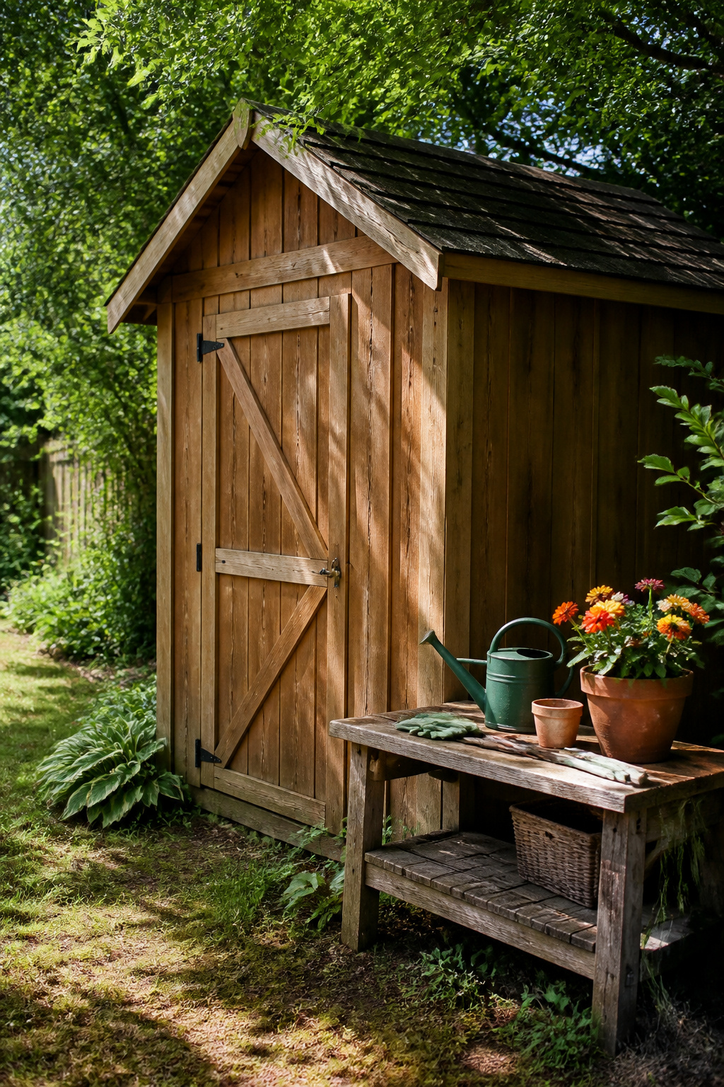 A wooden shed with vertical board-and-batten design set in a green garden.