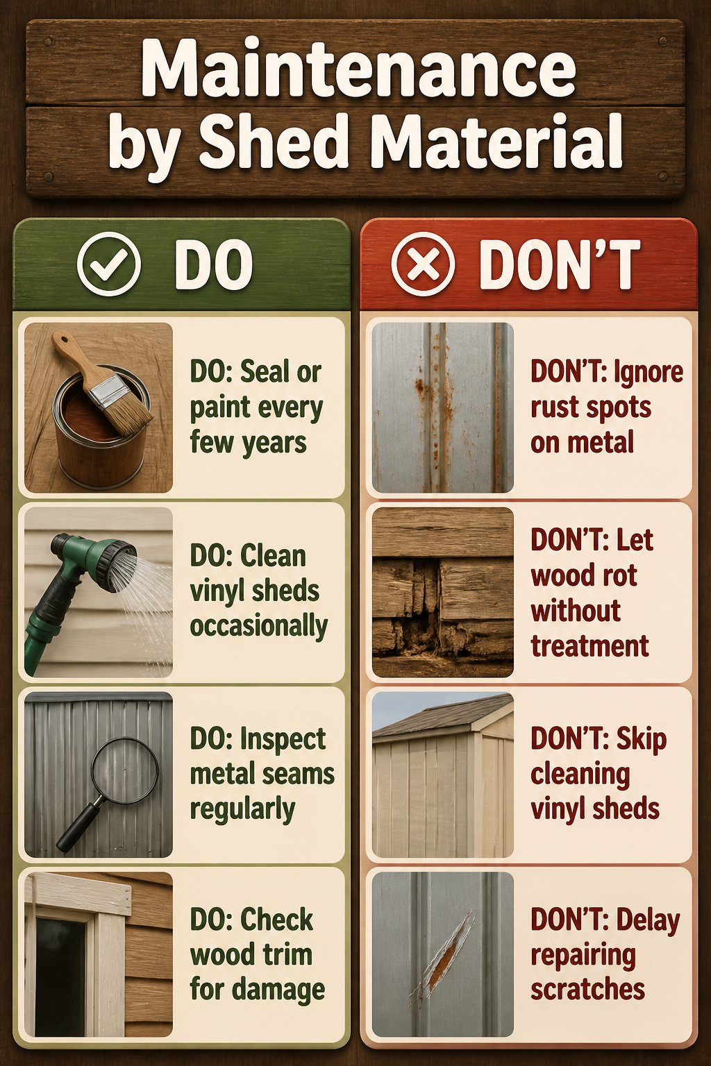A chart showing maintenance requirements for different shed materials.
