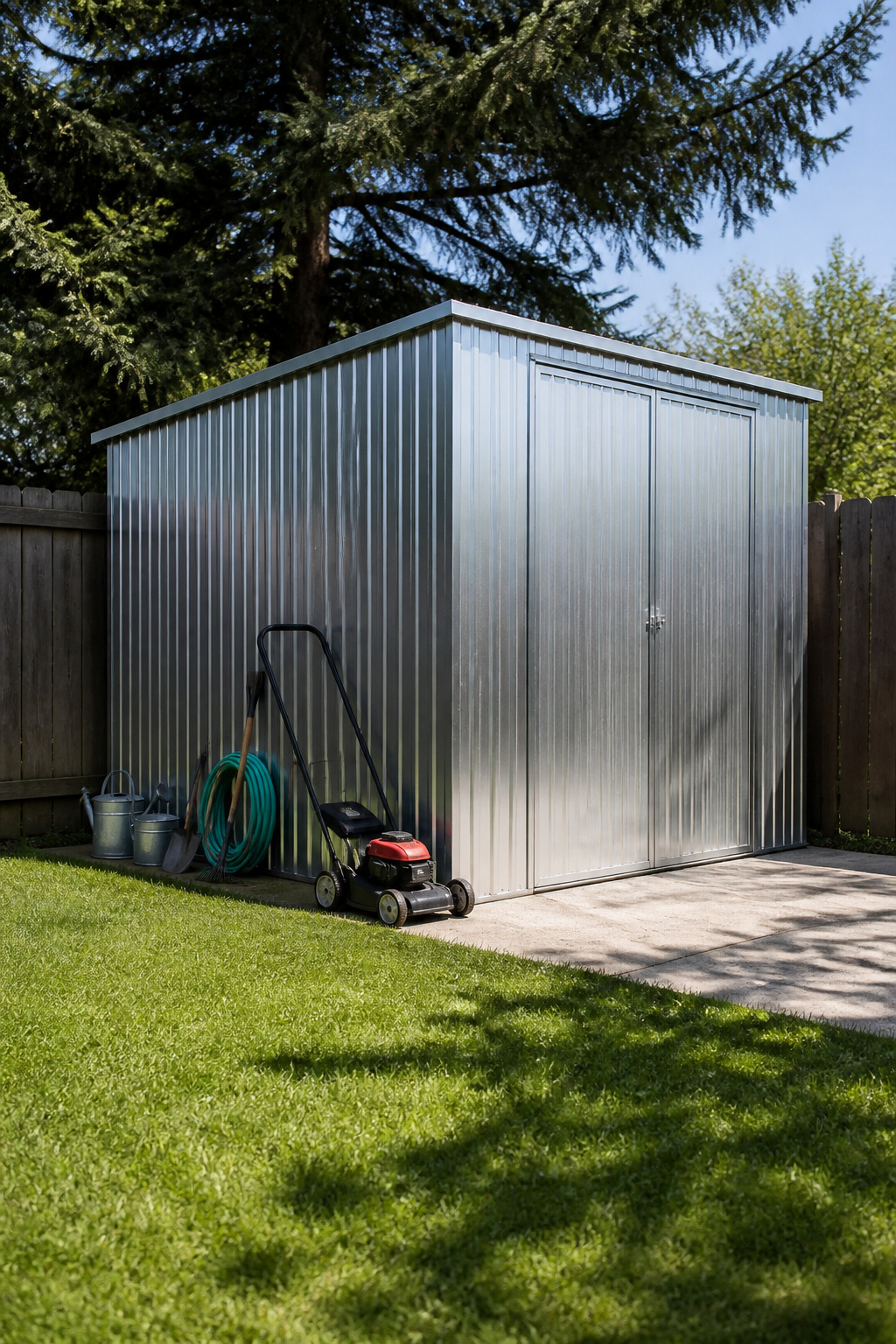 A galvanized steel shed with gardening supplies arranged in front.