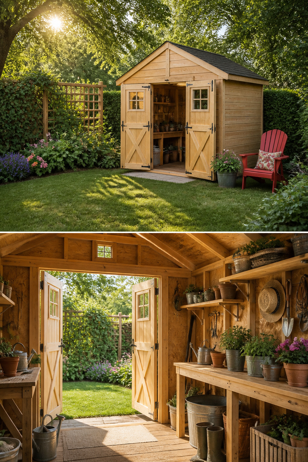 A prefab shed kit with pre-cut wood and assembled walls.