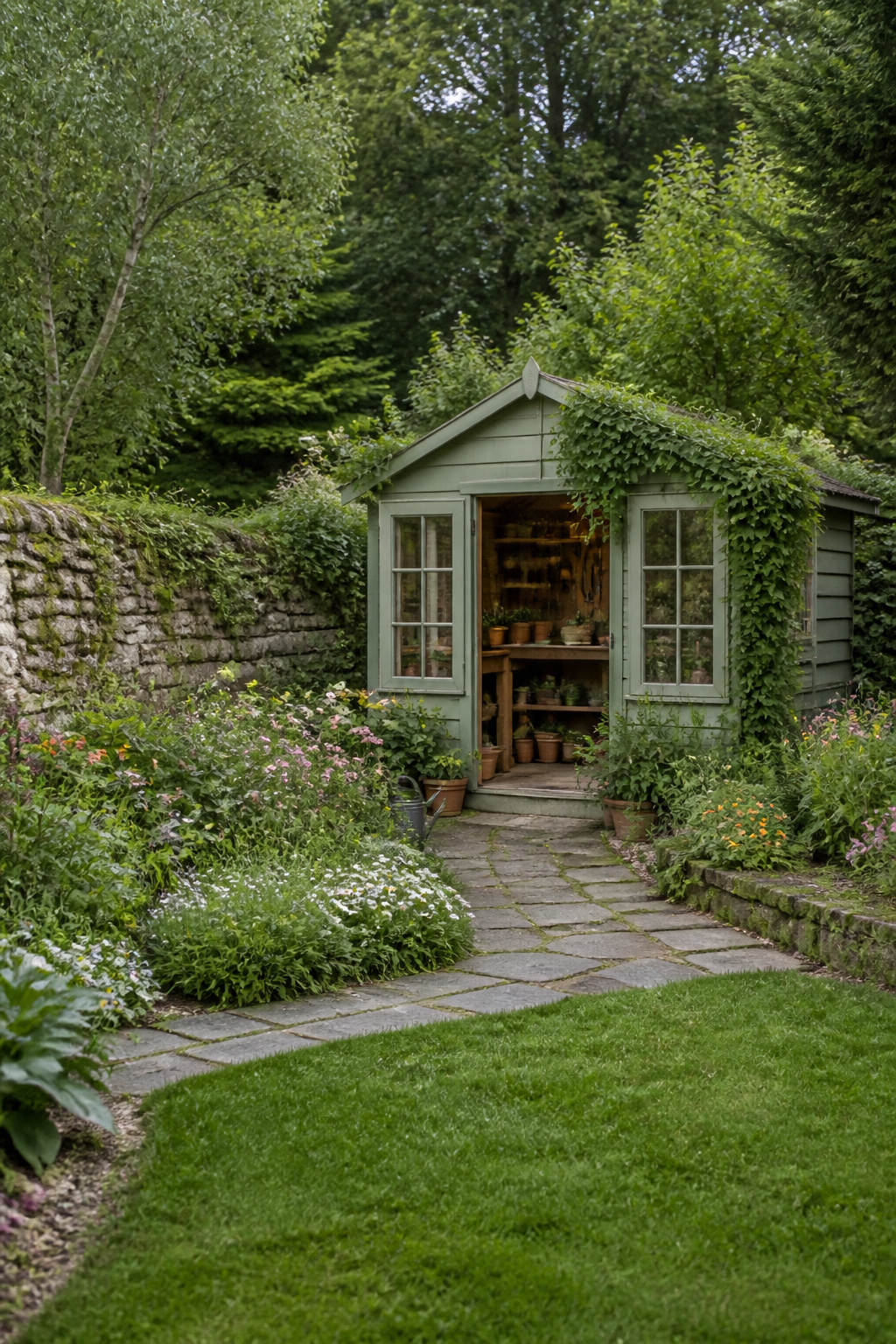 A garden shed with tools and soil organized inside and a window.