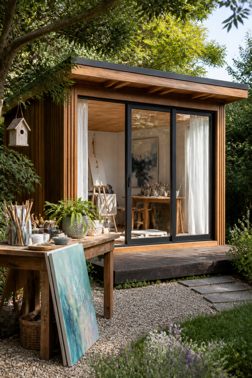 A studio shed with pine detailing and art supplies outside.