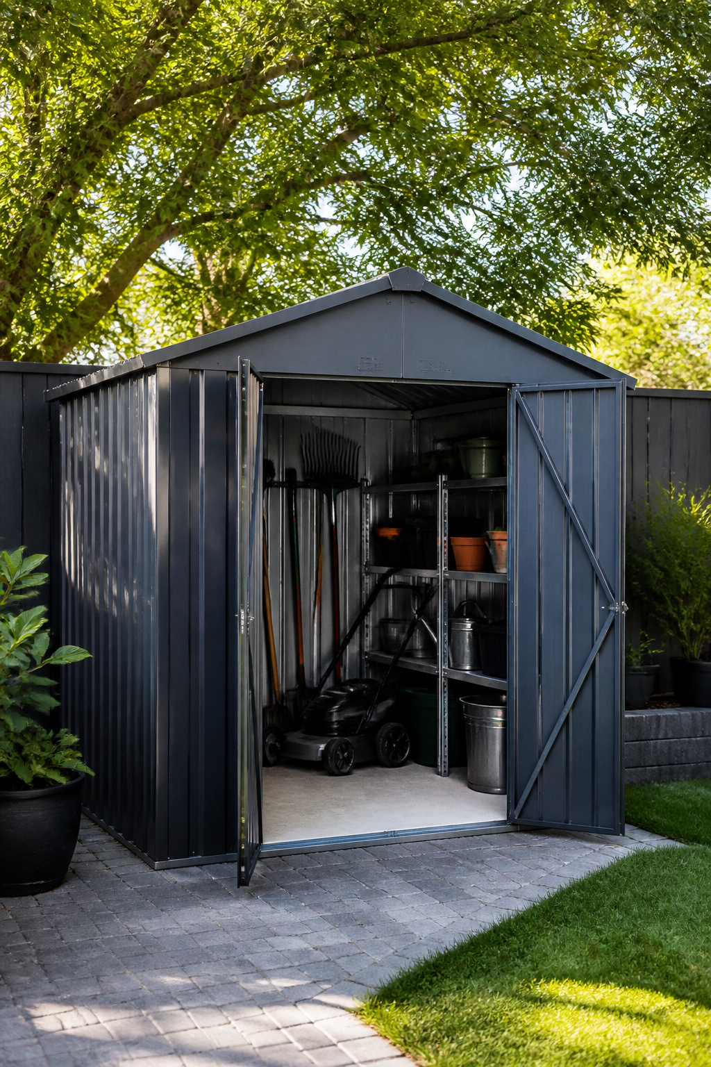 A utility shed with double doors and gardening tools inside.