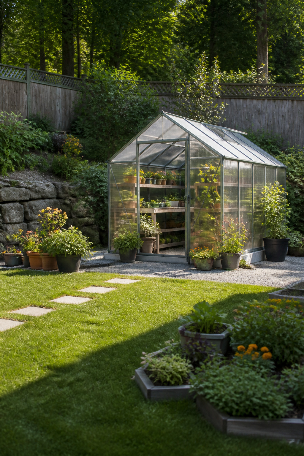 A greenhouse with clear panels and plants inside.