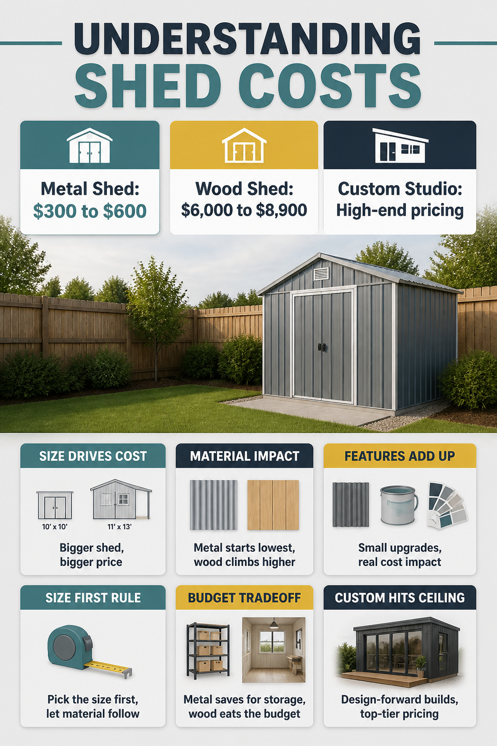 A chart displaying shed cost ranges by material and type.