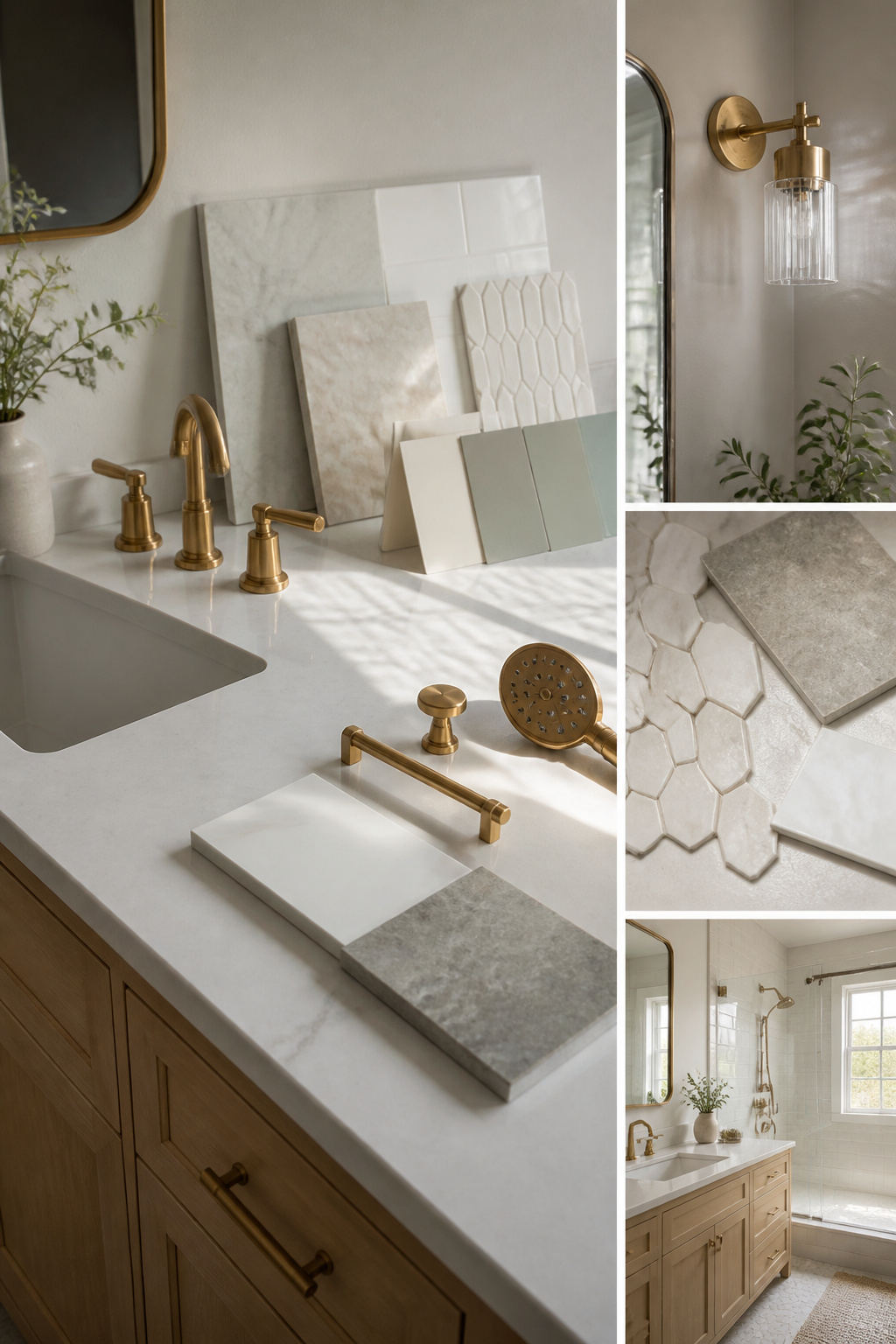 A display of various bathroom finishes and amenities for selection.