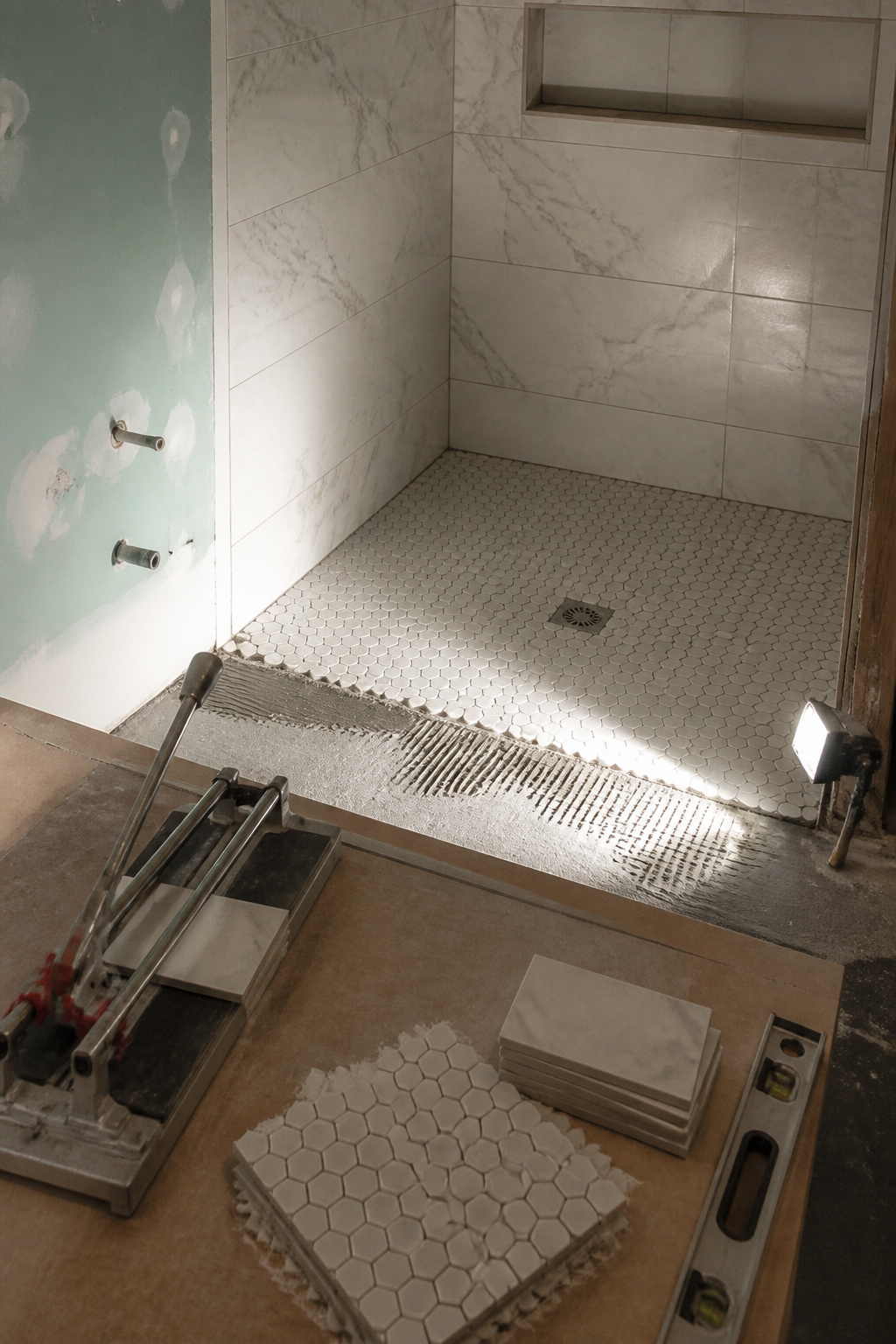 Close-up of intricate tile installation with tools nearby.