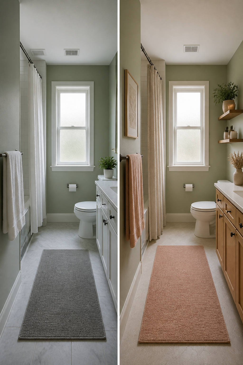 A bathroom with warm white, beige, and soft sage color tones.