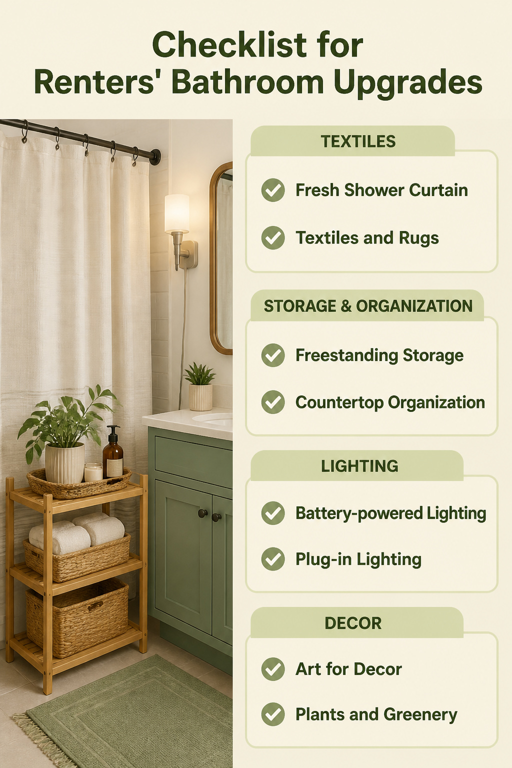 A checklist for renters' bathroom upgrades displayed on a wall.