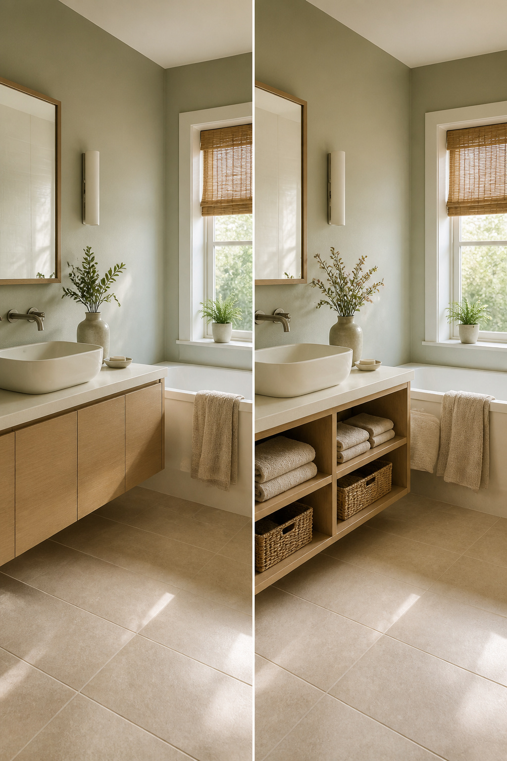 A bathroom with paint samples showing different colors in natural light.