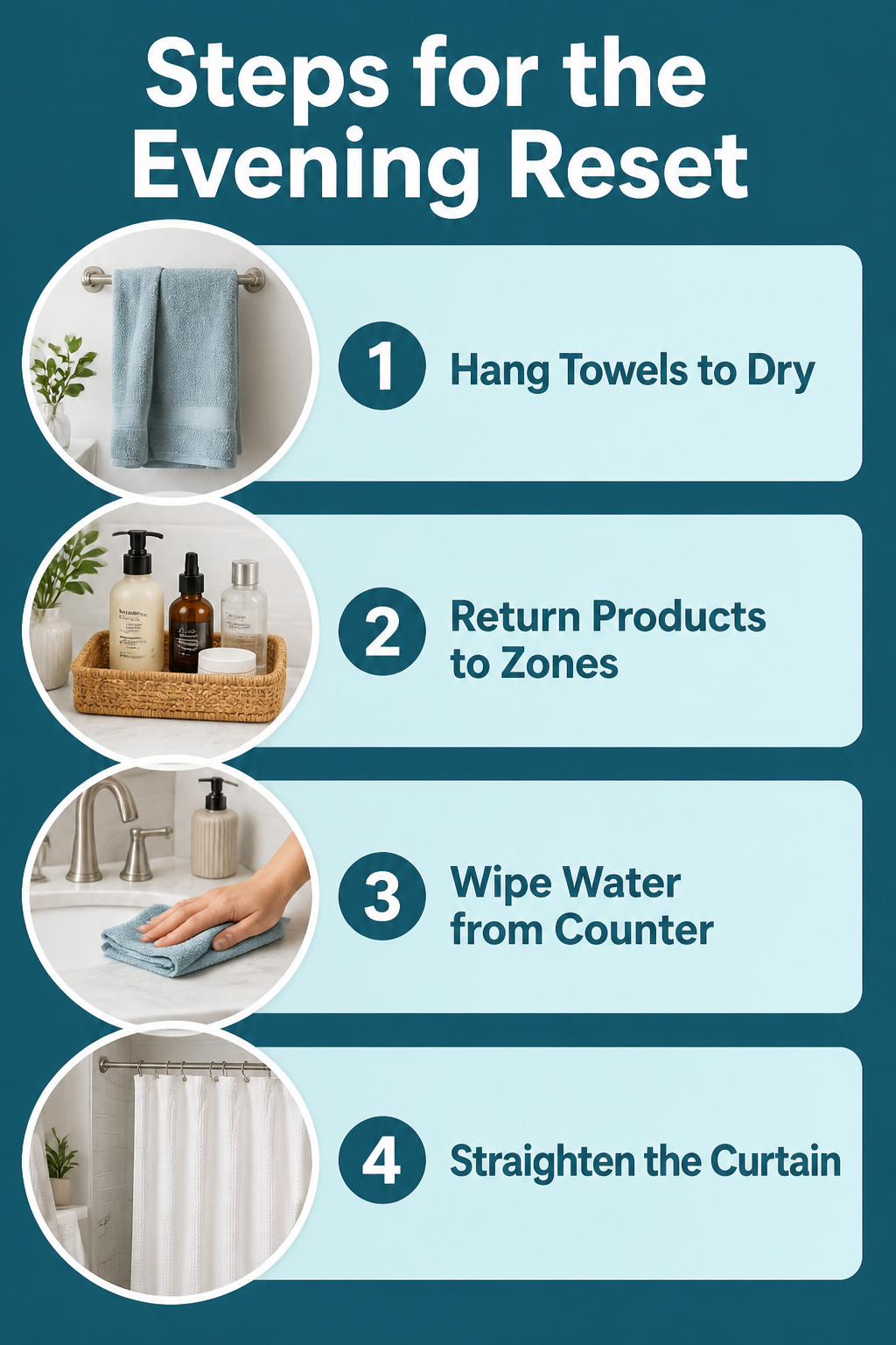 Steps for an evening reset displayed on a bathroom wall.