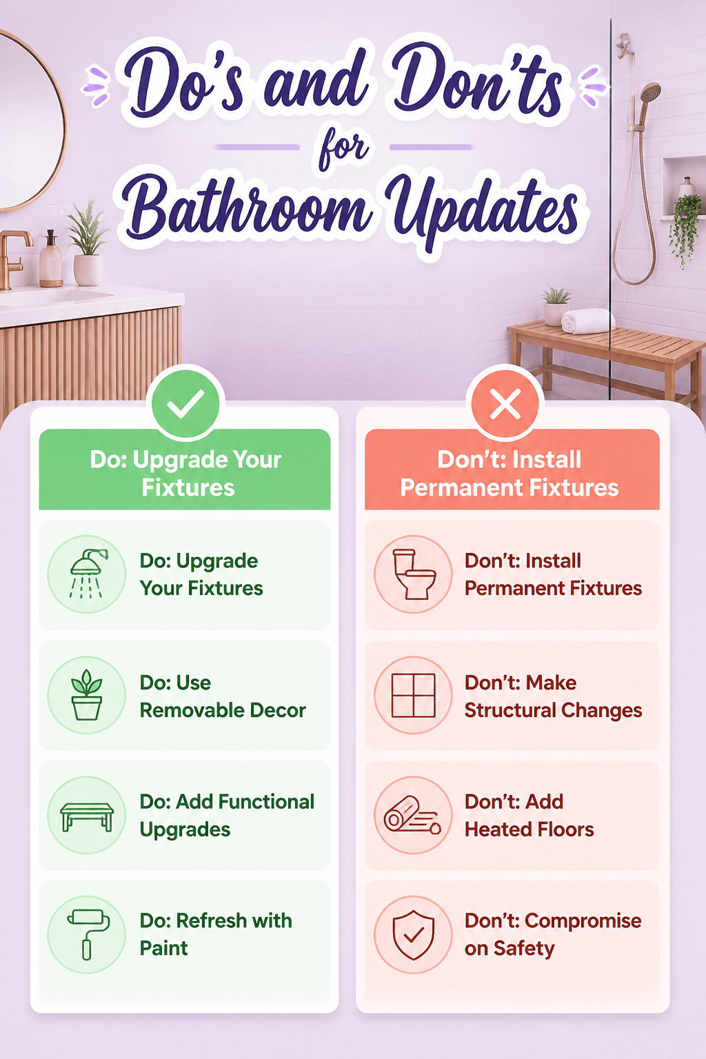 A visual guide showing do's and don'ts for bathroom updates.