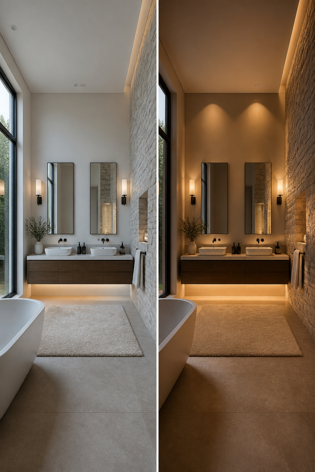 A bathroom with ambient and task lighting, including wall sconces.