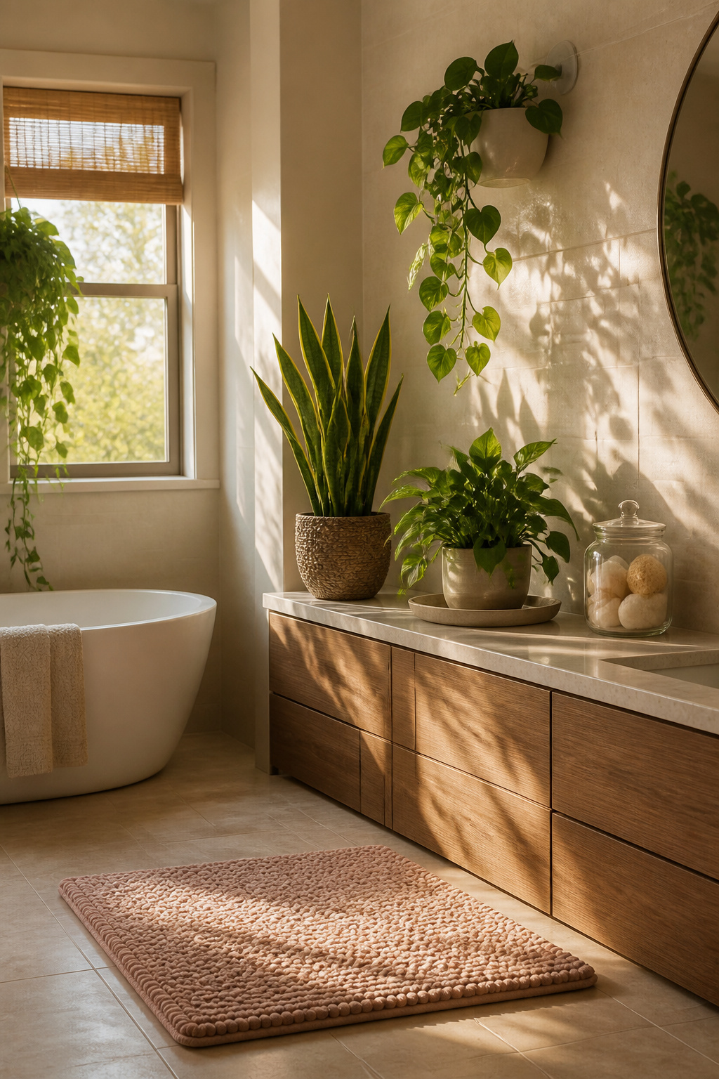 A bathroom with pothos and snake plants near the shower.
