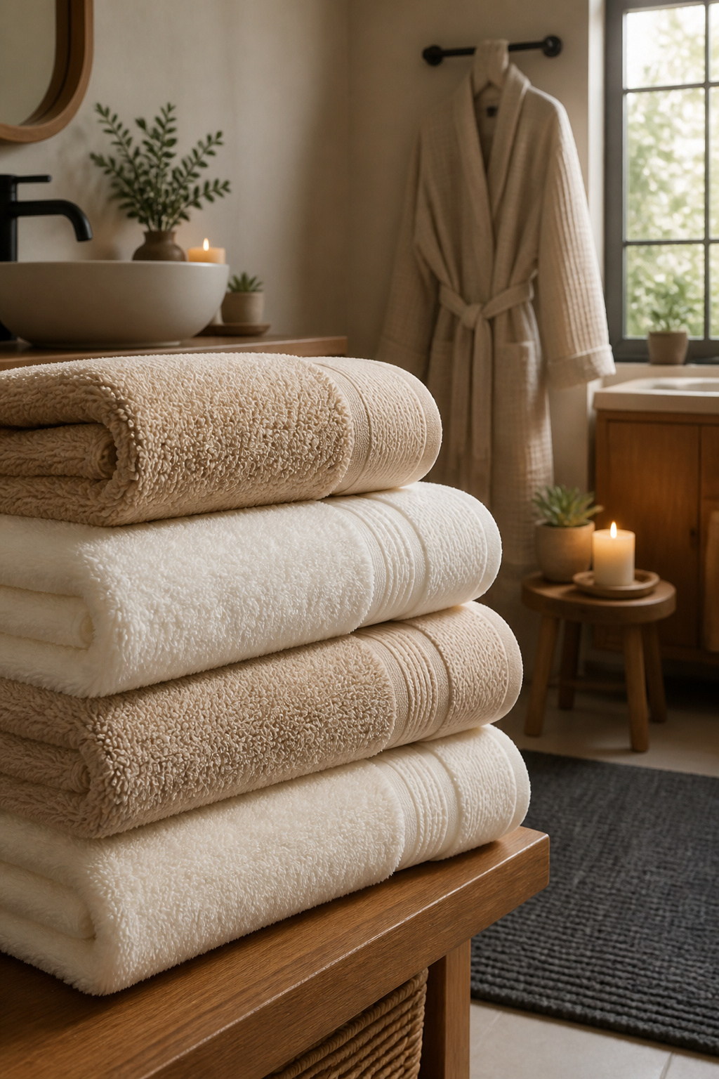 A collection of plush towels displayed in a bathroom.