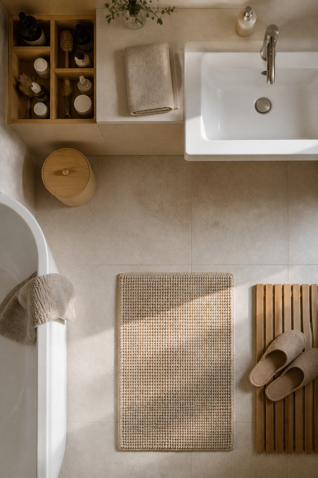 A clean bathroom with organized storage and minimal clutter.