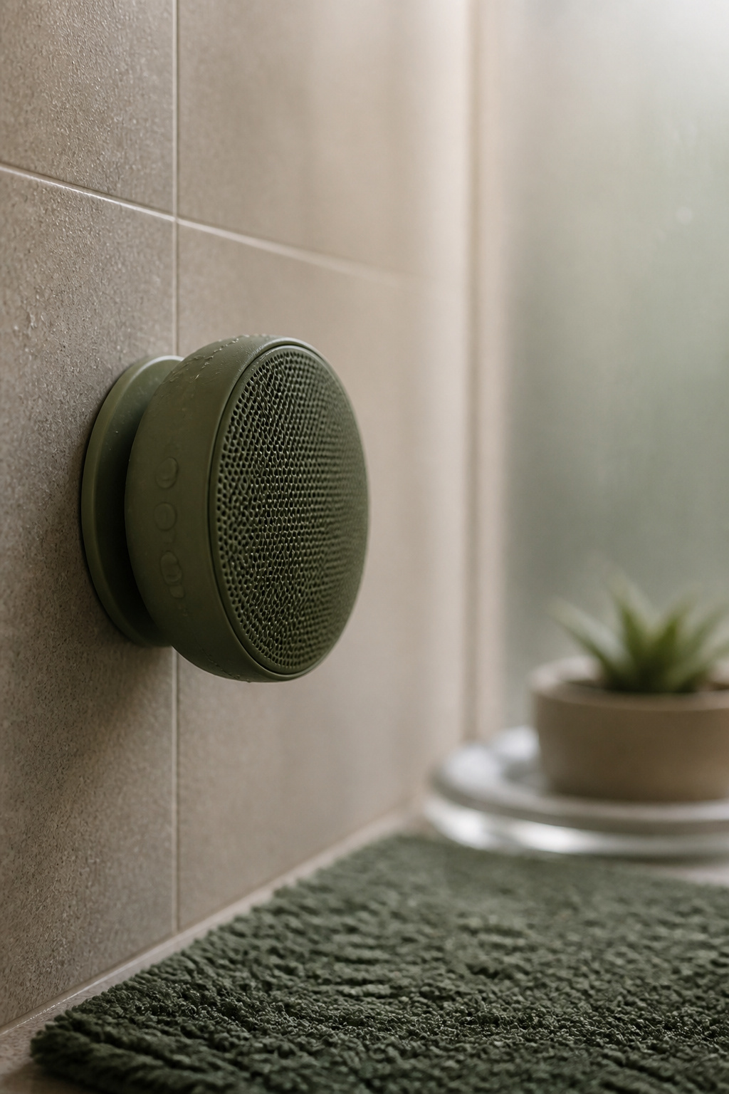 A compact Bluetooth speaker mounted on bathroom tiles.