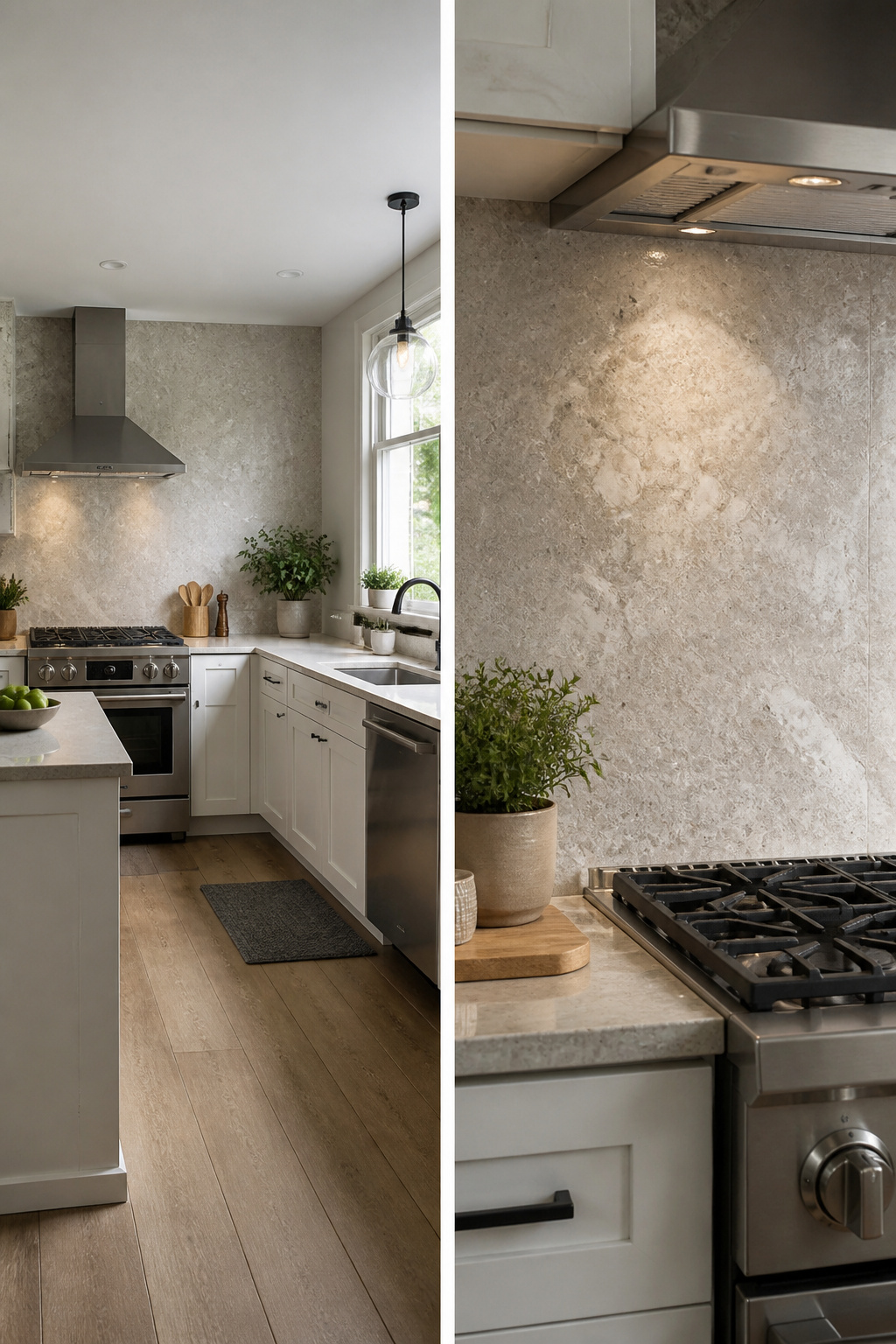 A bathroom featuring peel-and-stick vinyl wallpaper.