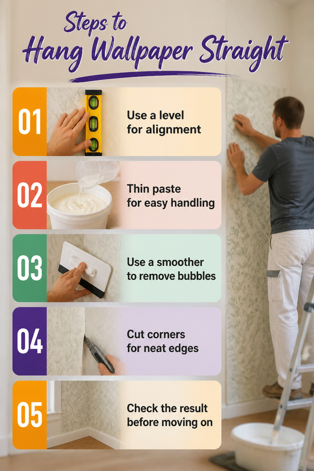 A step-by-step guide image showing how to hang wallpaper straight.