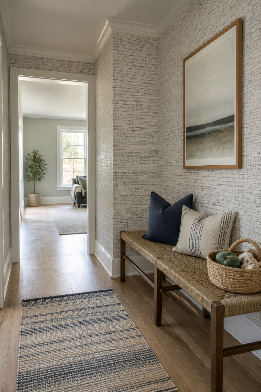 A hallway with peel-and-stick vinyl wallpaper and a decorative bench.