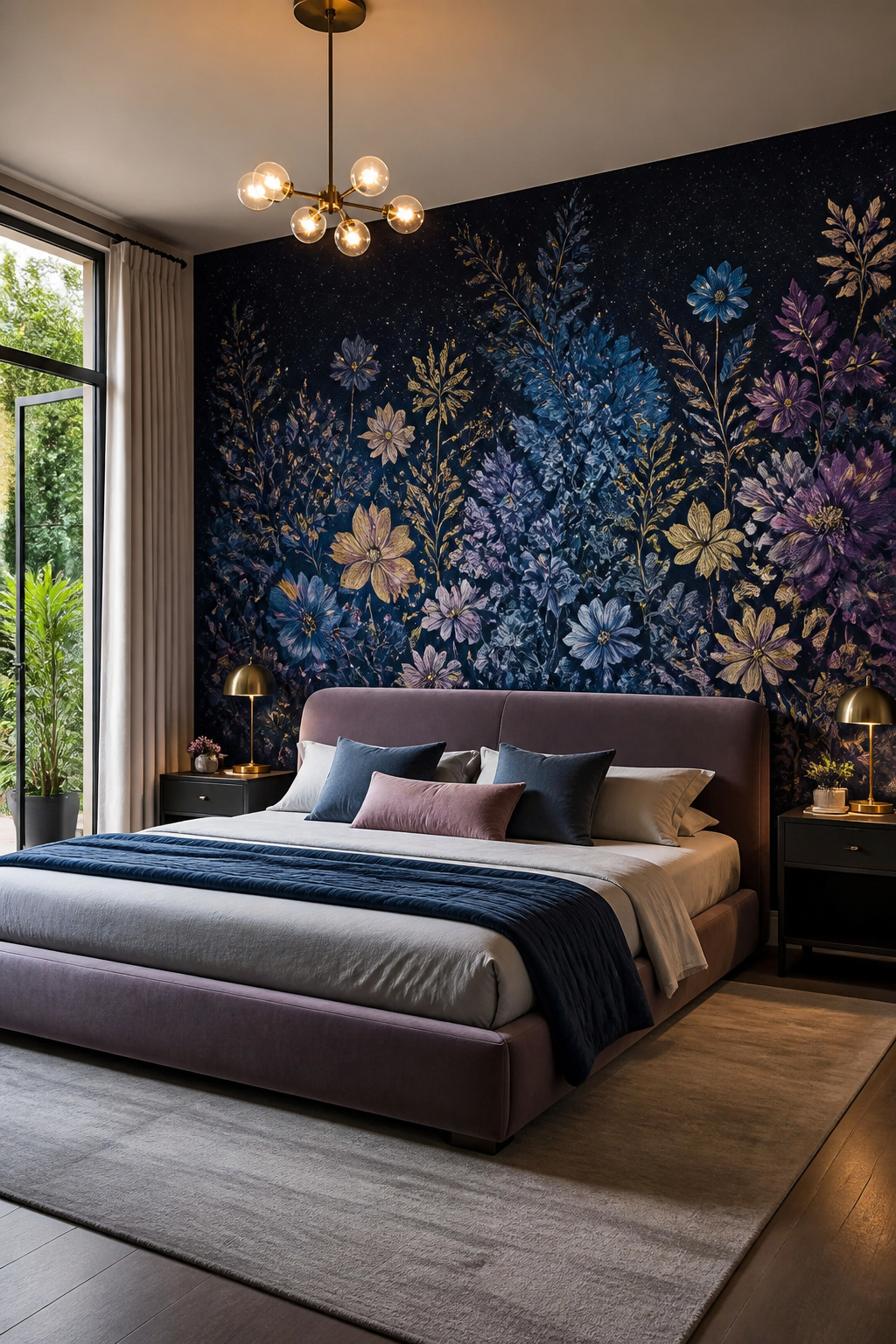 A wall covered in Gracie Studio midnight garden wallpaper.