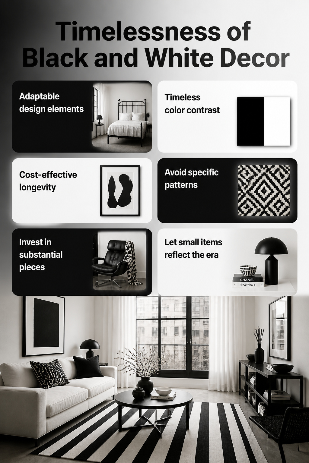 Infographic illustrating the timelessness of black and white decor.