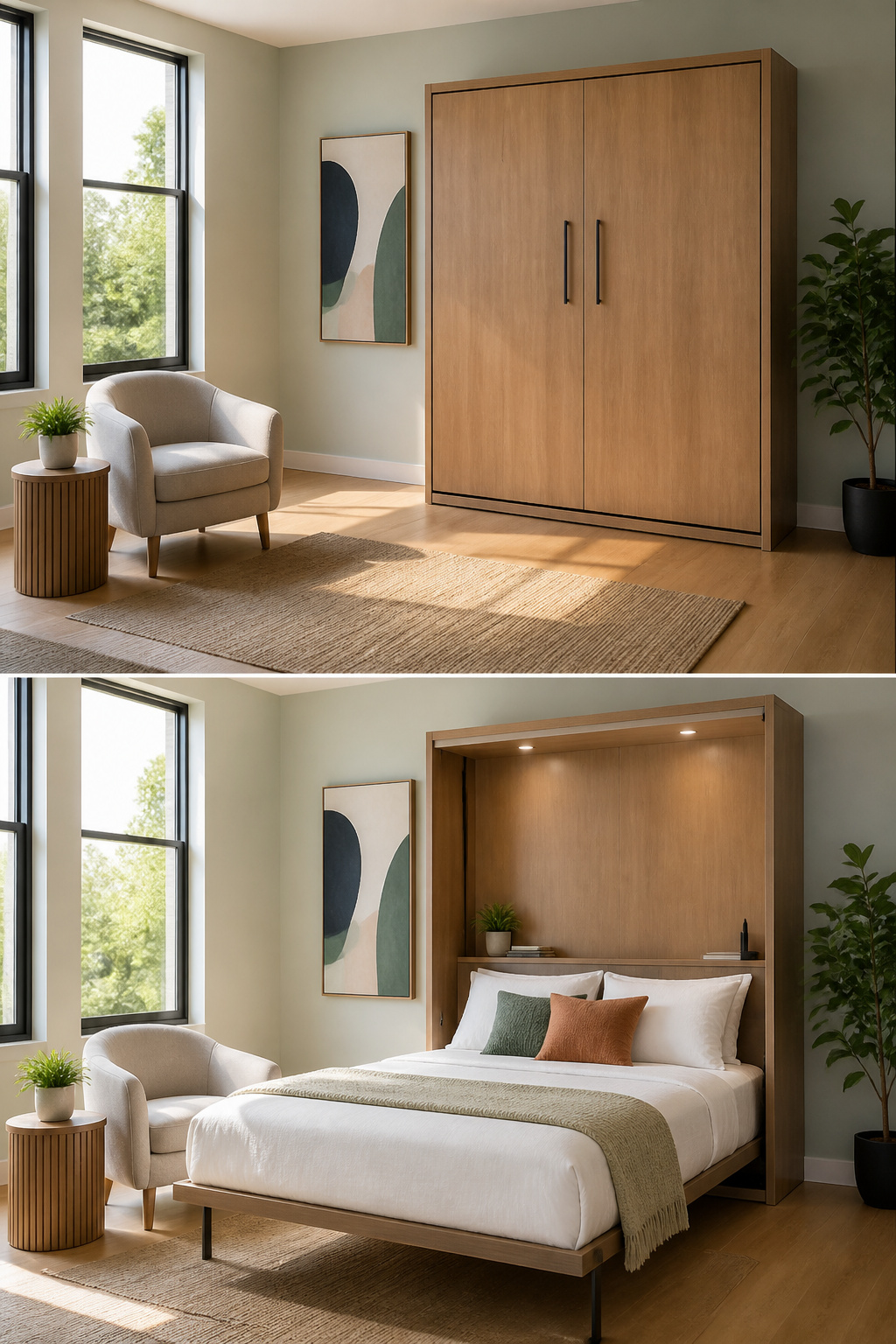 A Murphy bed folded into a cabinet, showcasing a space-saving design.