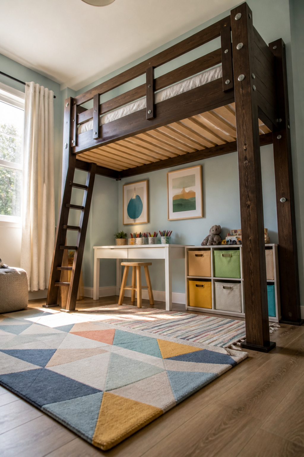 A loft bed with space underneath used for storage and a desk.