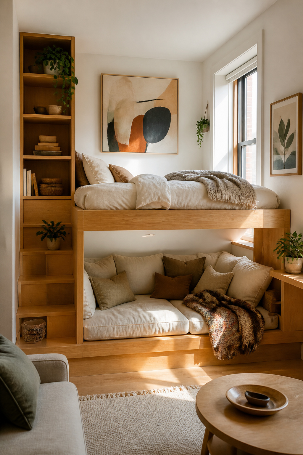 A custom built-in bed designed for a small room with integrated storage.