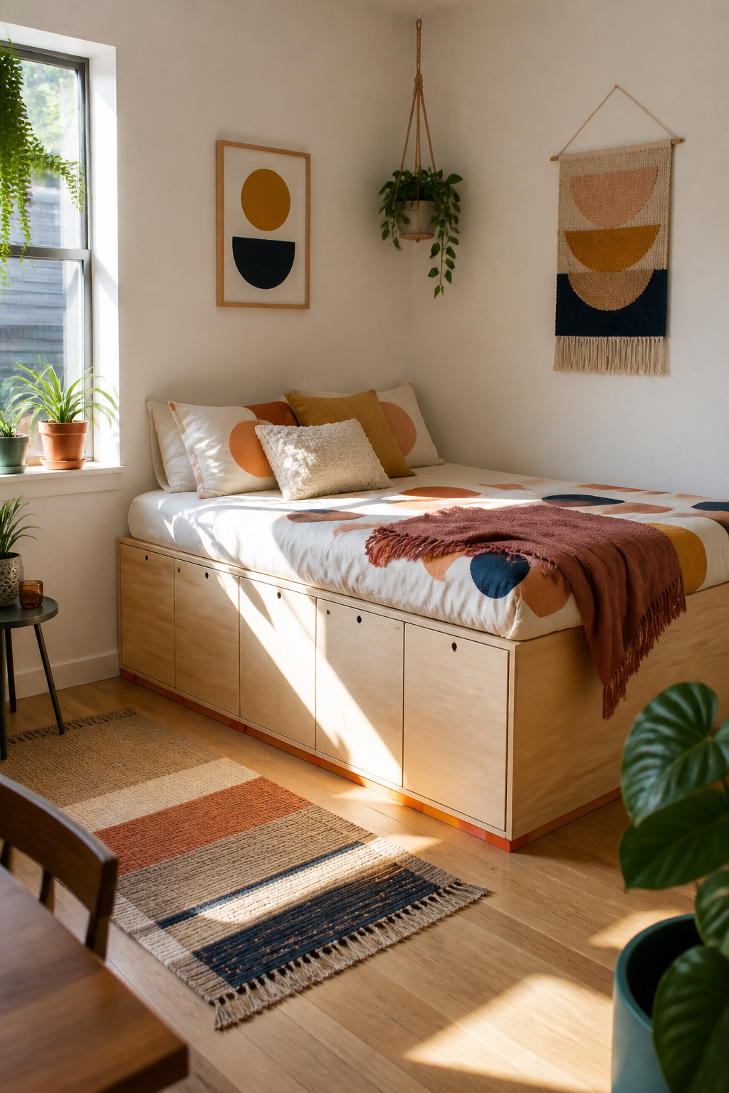 A self-supporting built-in bed in a trendy rental apartment.