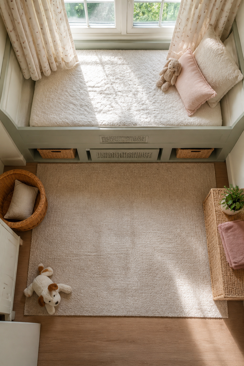 A built-in bed designed to accommodate a window and vent in a room.