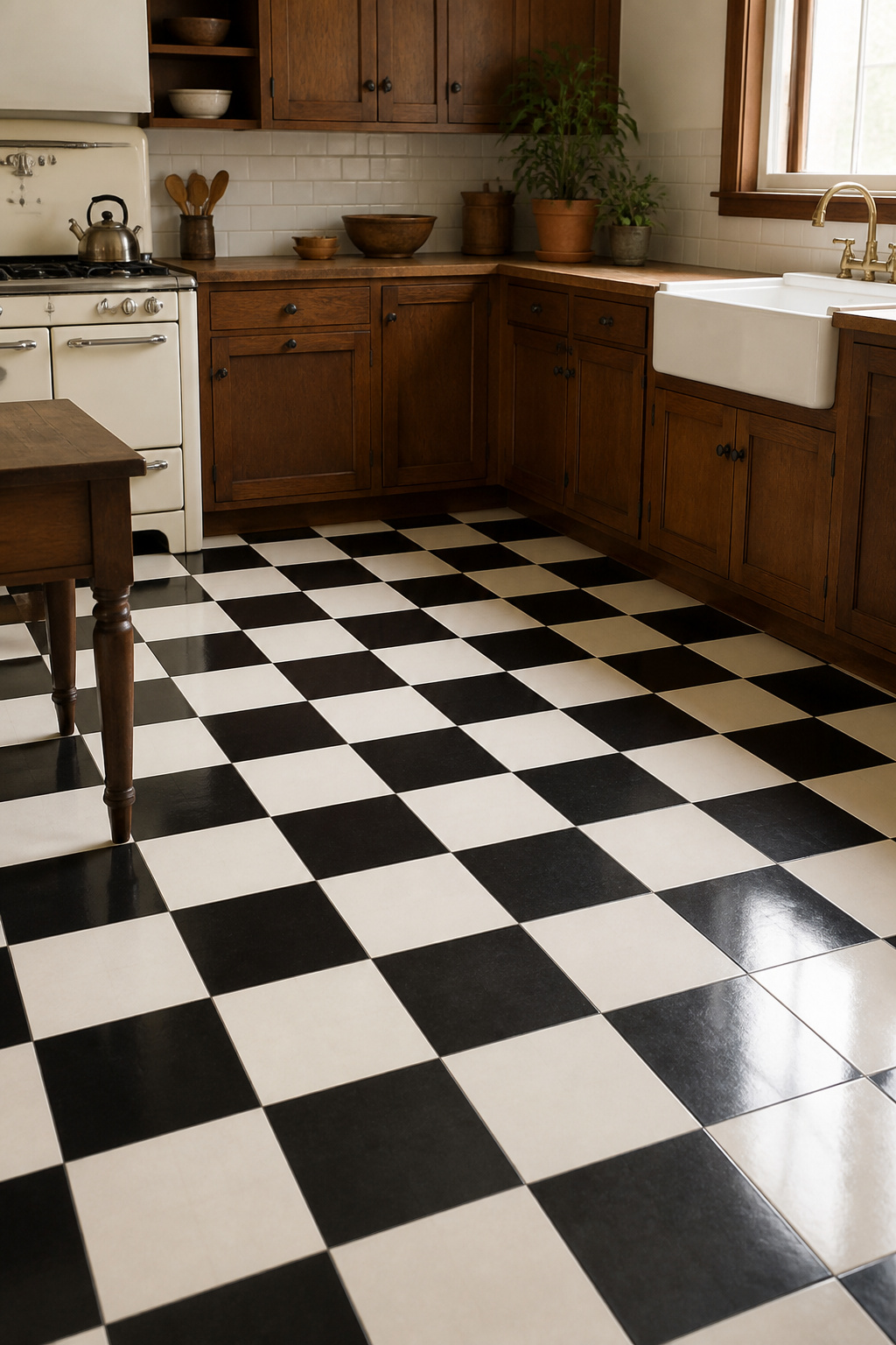 A checkered floor with black and white tiles in a kitchen.