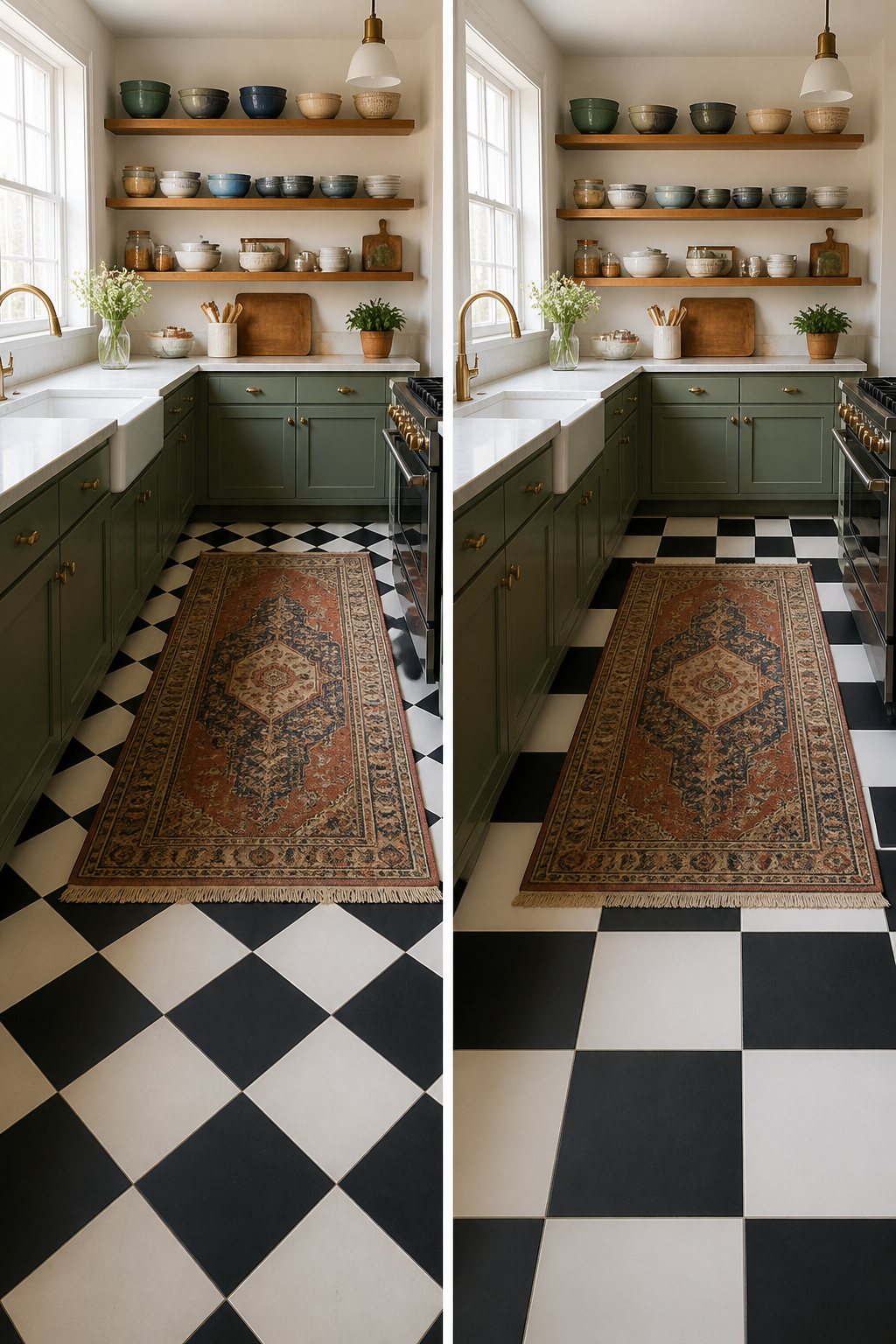 12-inch square checkered tiles in a dining room.