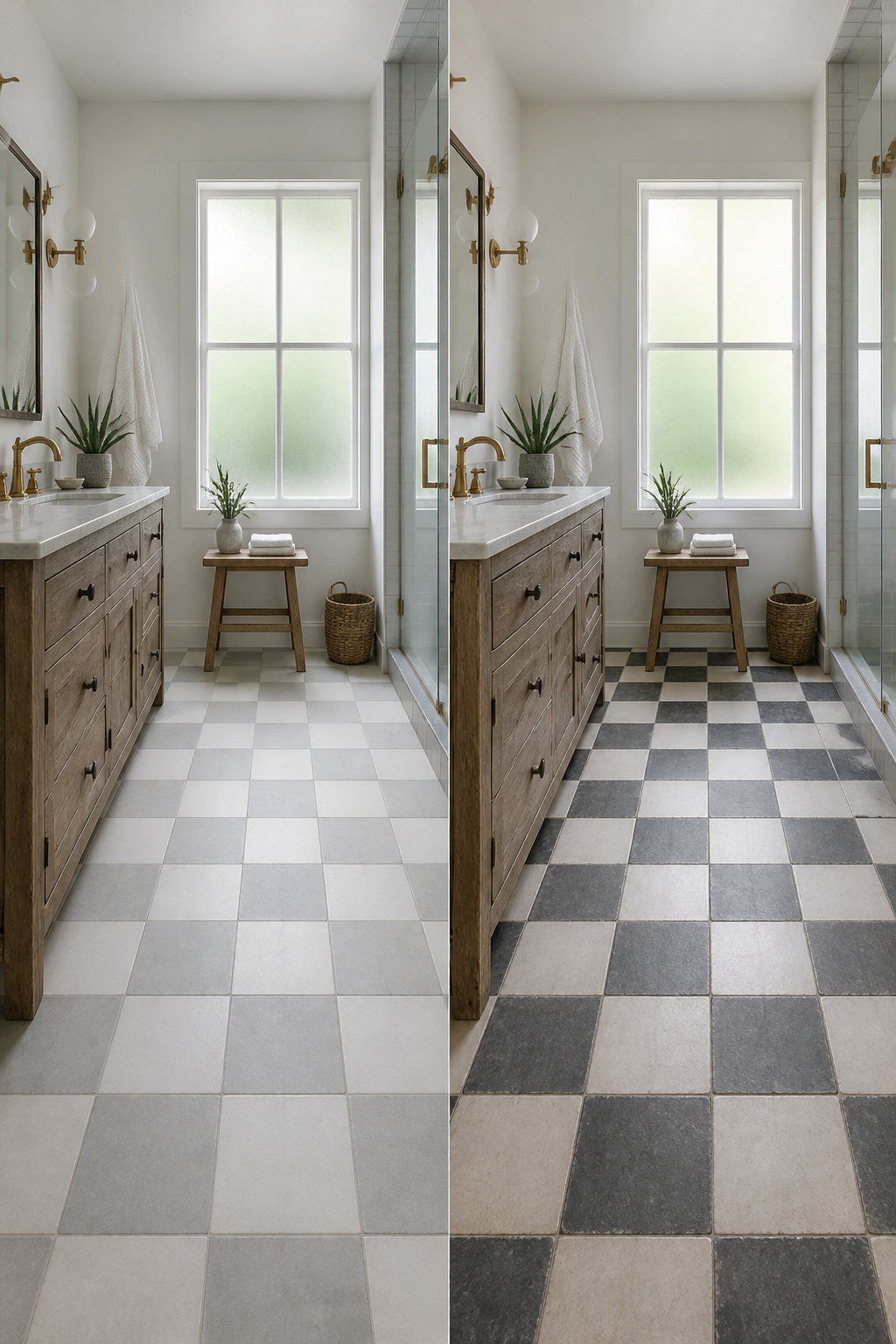 A black and white checkered floor with contrasting grout.