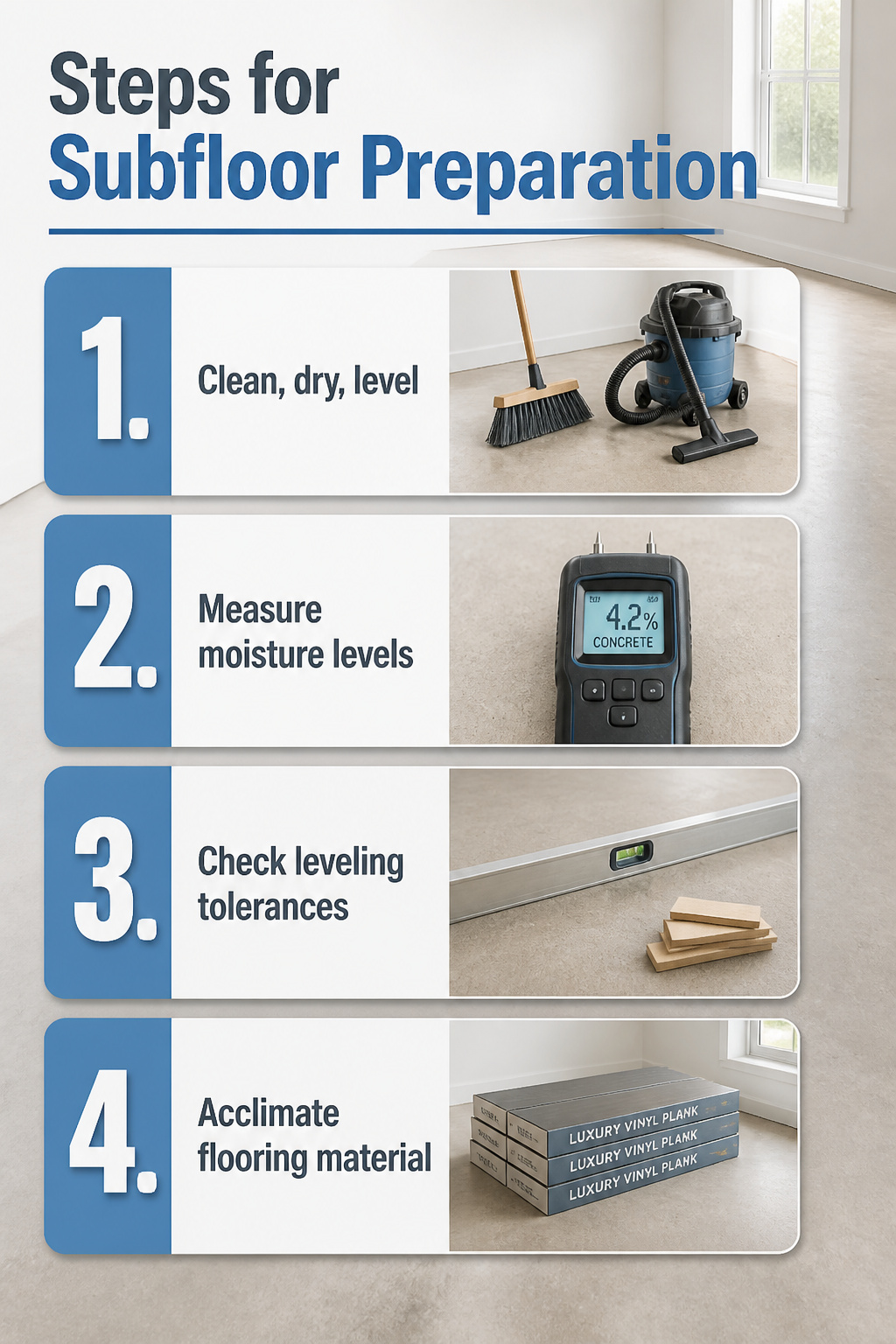 Steps for subfloor preparation for tile installation.