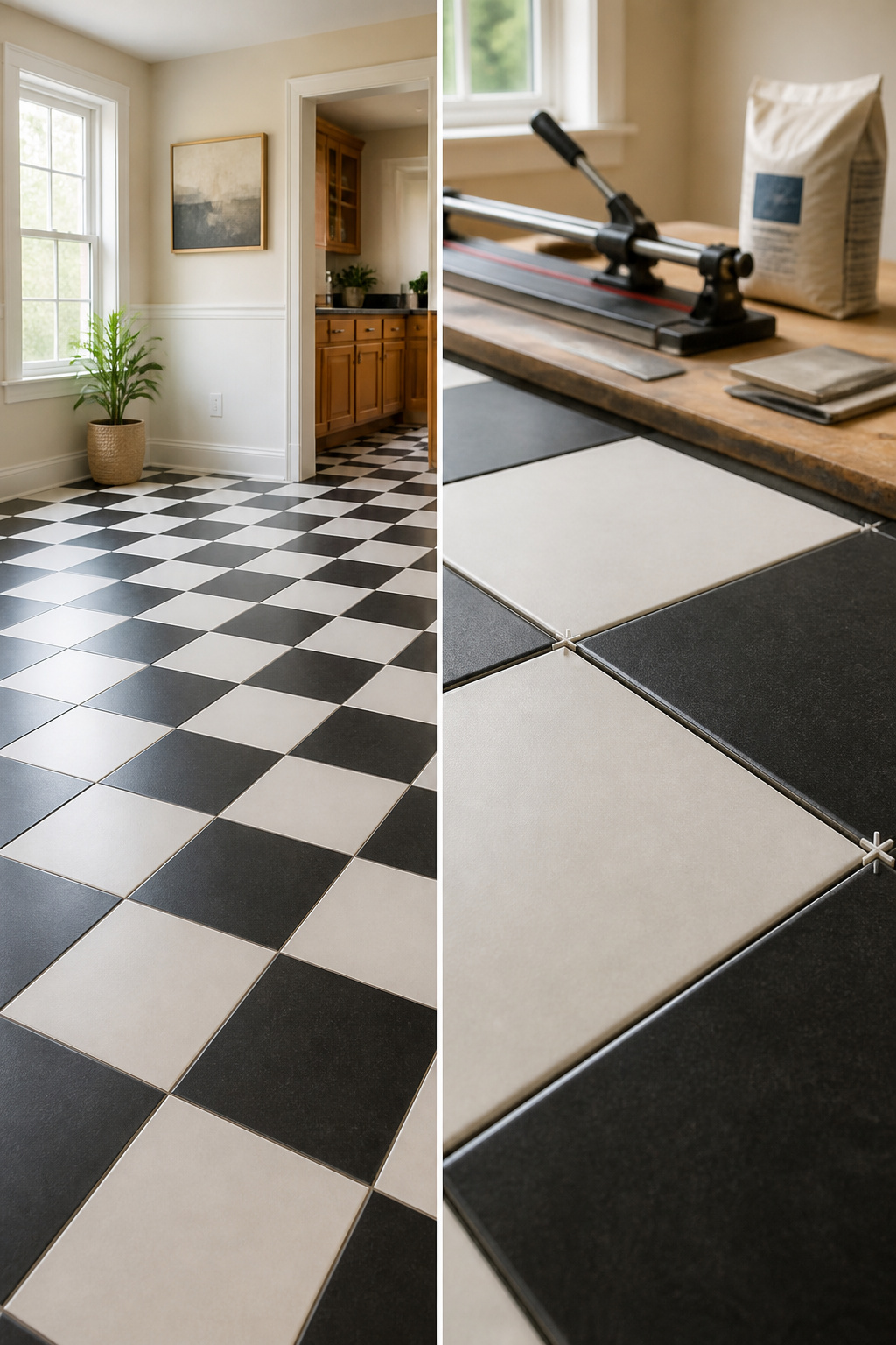 Dry layout of checkered tiles on a floor.