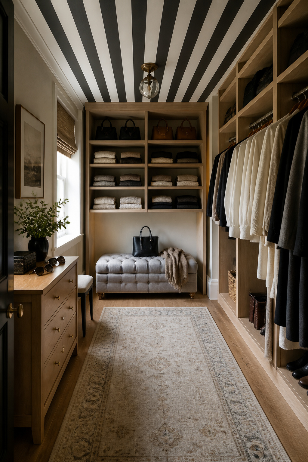 A walk-in closet with a small upholstered bench and hanging rods.