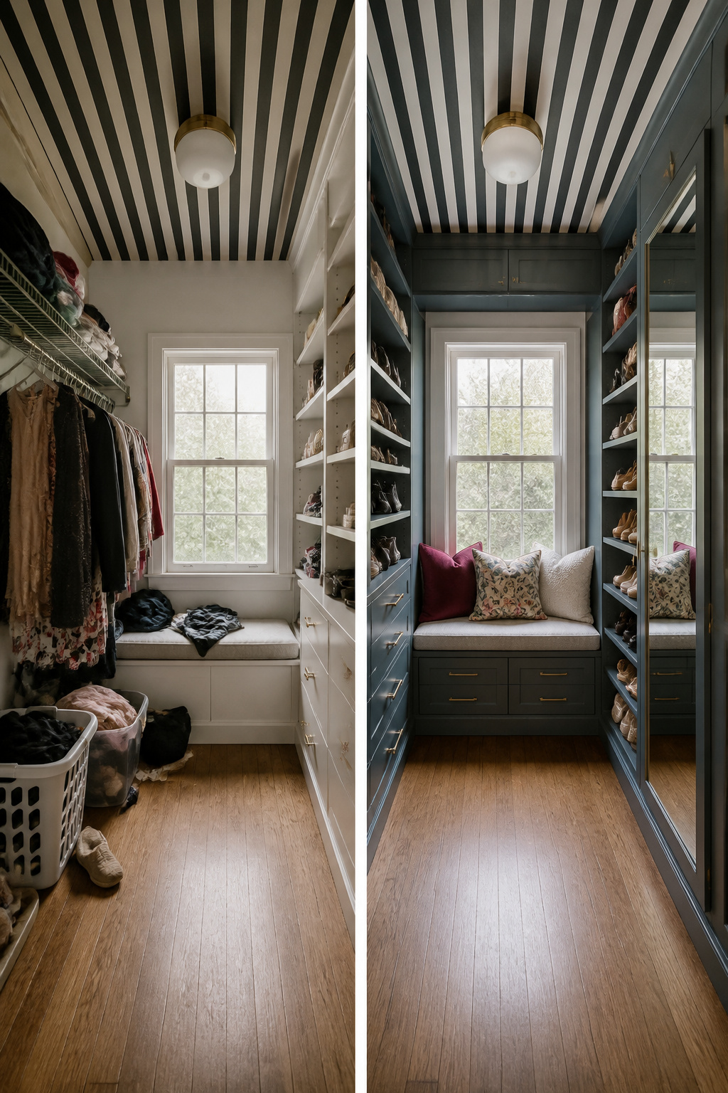 A small walk-in closet with blue-gray cabinetry and brass hardware.