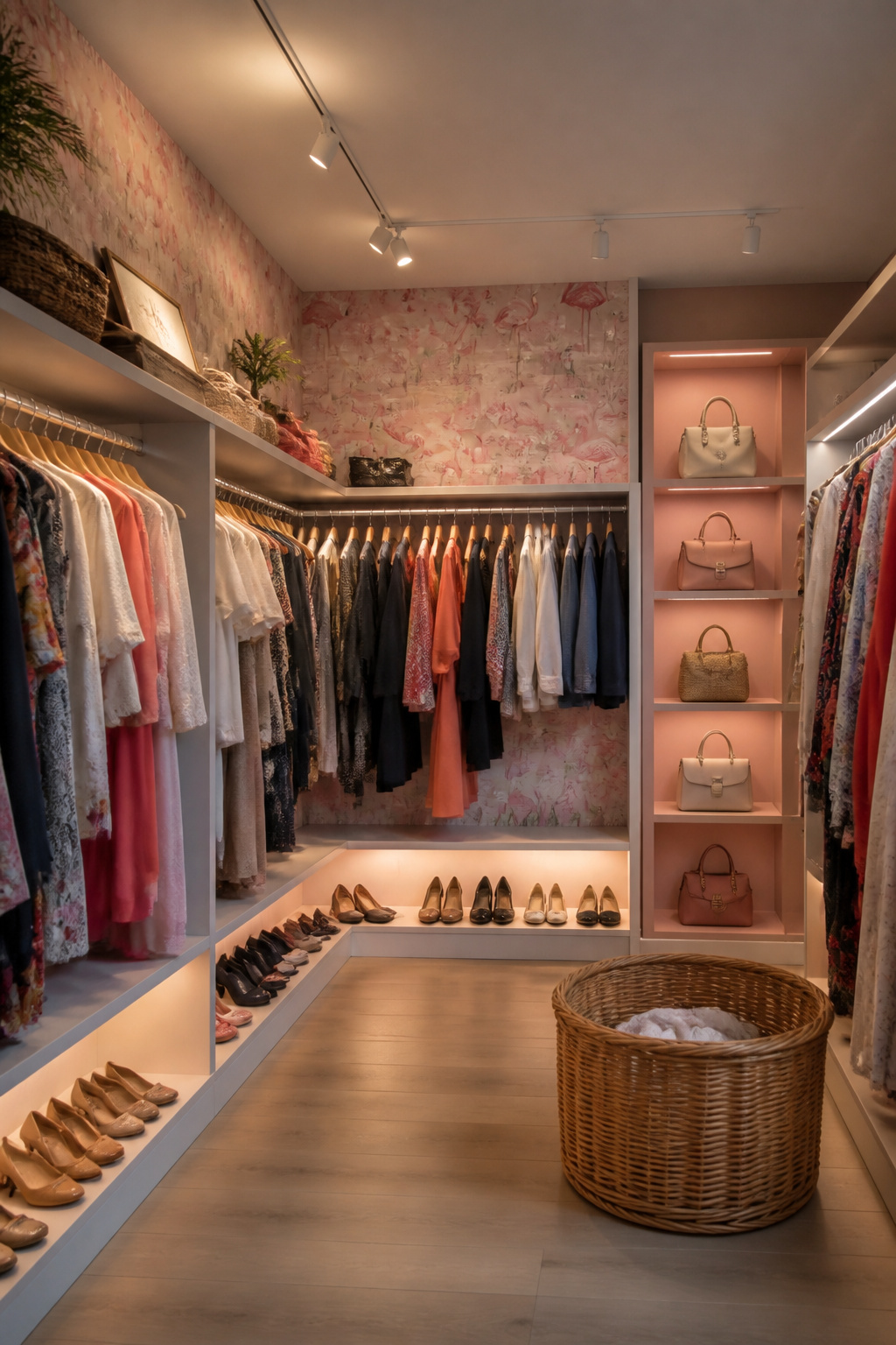 A closet with flamingo wallpaper and stylish under-shelf lighting.