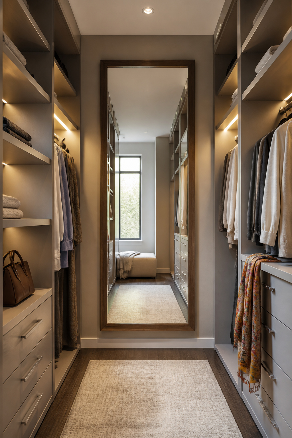 A full-length mirror mounted in a narrow walk-in closet.