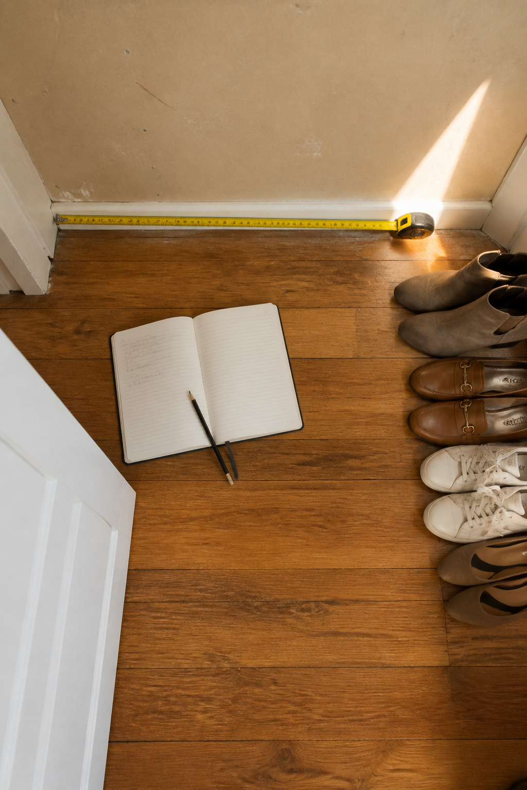 A tape measure and notebook used for measuring closet dimensions.