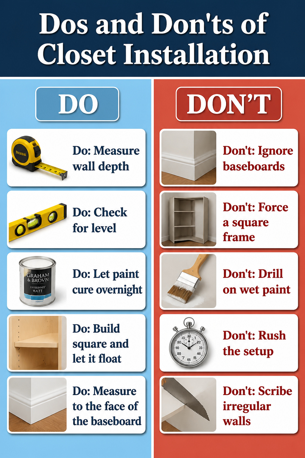 Dos and don'ts illustrated for successful closet installation.