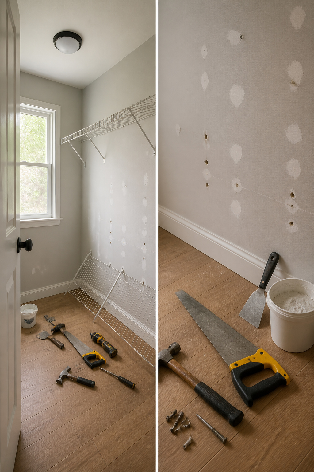 A hammer and drill used to remove old closet fixtures.